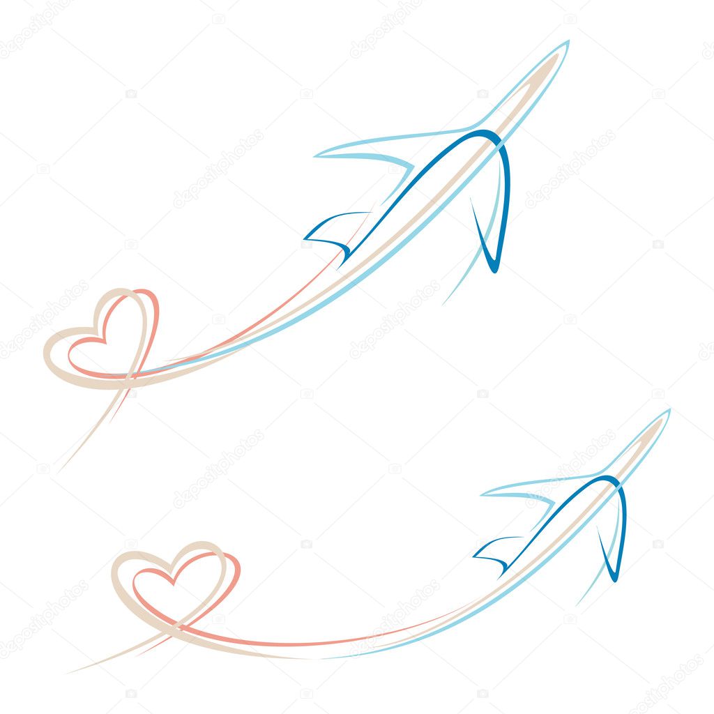 Flying airplane with heart shape trace - stylized vector illustration. Isolated icon on white background. Line art design element. Airliner.