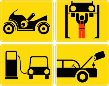 Autoservice, motorcycle repairs, change motor oil, gas station icons clipart