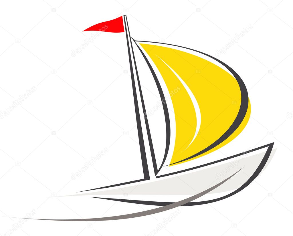 Sailing boat outline. White sailboat. Stylized image of the floating boats with pink sails and red flag. Can be used as logo of yacht club, marine club, hotel, etc.