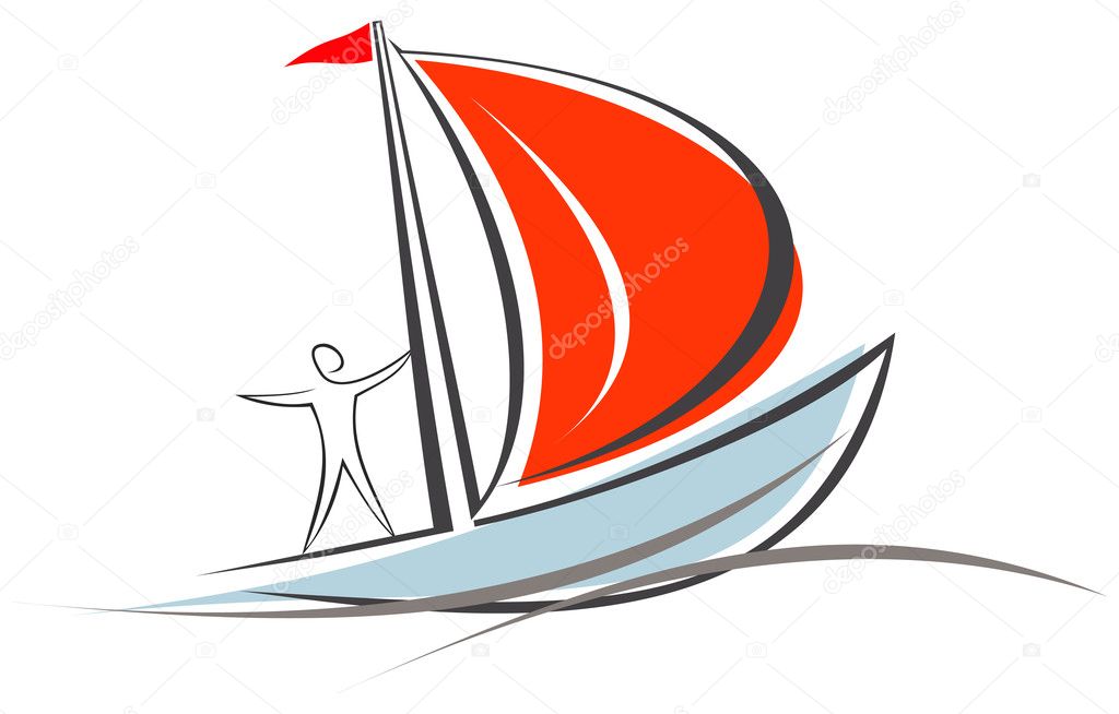Sailing boat with sailor. White sailboat on the blue water. Yacht that sails on the waves. Stylized image of the floating boats with blue sails and red flag. Can be used as logo of yacht club, marine club, hotel, etc.