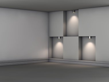 3d empty niches with spotlights for exhibit in the grey interior clipart