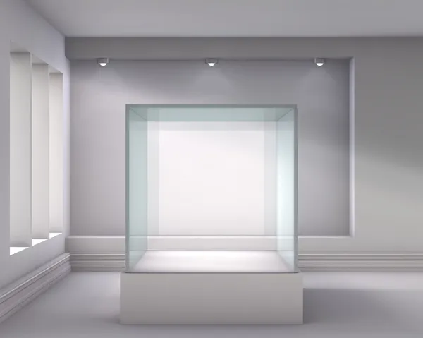 Escaparate de cristal 3d y nicho con proyectores para la exposición en el g — Foto de Stock