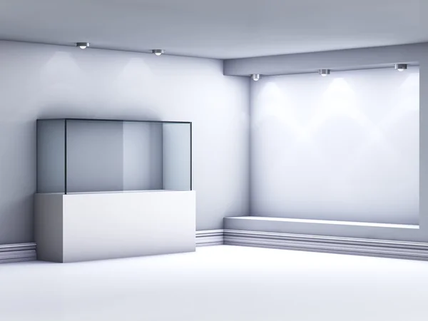 Mostra de vidro 3d e nicho com holofotes para exposição — Fotografia de Stock