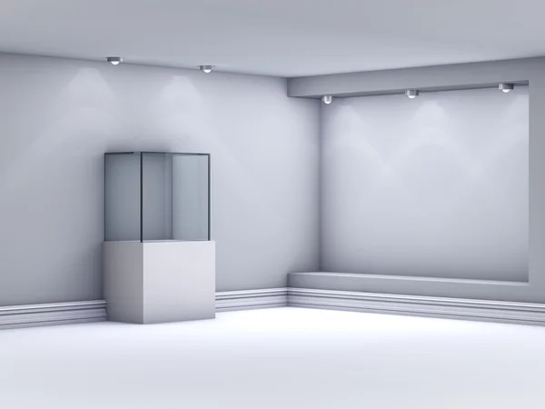 3D витрина стекла и ниша с прожекторами для выставки в г — стоковое фото