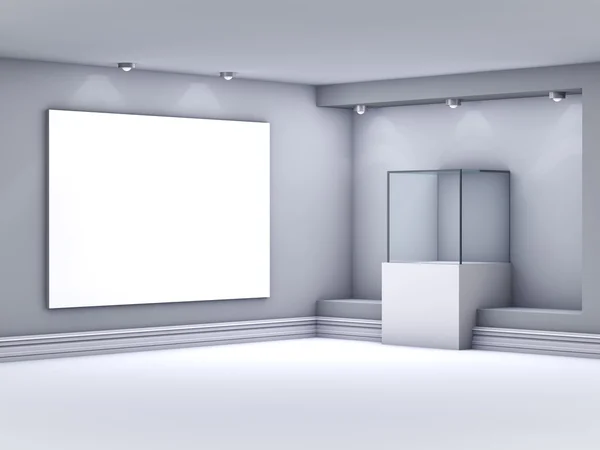 Galeride sergi için lightbox ile 3D cam vitrin — Stok fotoğraf