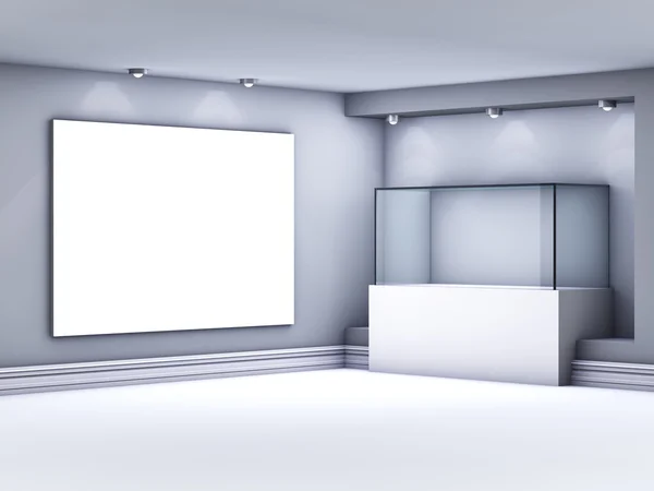 3d glass showcase and lightbox with spotlights for exhibit in th — Stock Photo, Image