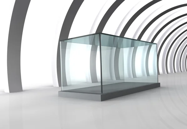 Leeg glas showcase in grijze kamer met kolommen — Stockfoto
