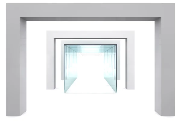 Пустой стеклянный витрины в серой комнате с колоннами — стоковое фото