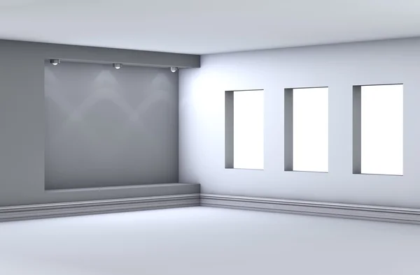 3D prázdný výklenek s reflektory pro výstavu v šedý interiér — Stock fotografie