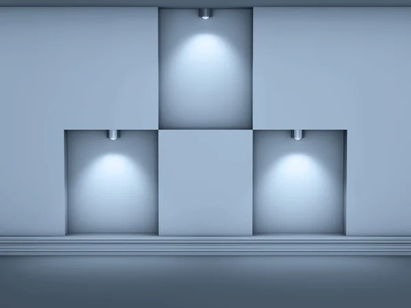 3d пустые ниши с прожекторами для выставки в сером интерьере — стоковое фото