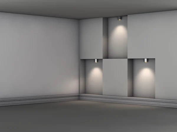3d nichos vazios com holofotes para exposição no interior cinza — Fotografia de Stock