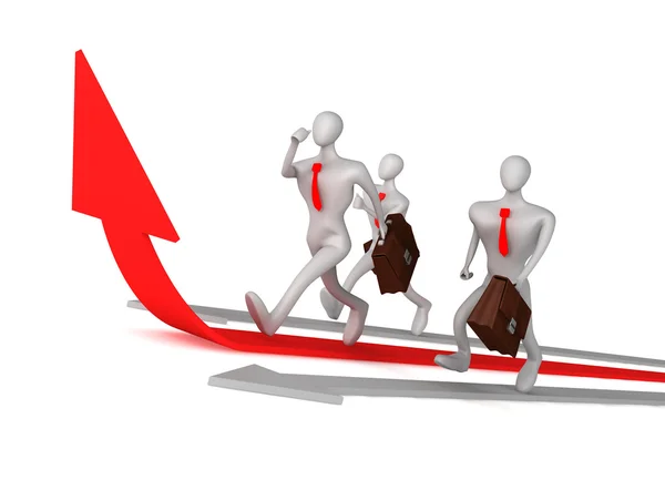 3d man on the red arrow and his defeated competitors — Stock Photo, Image