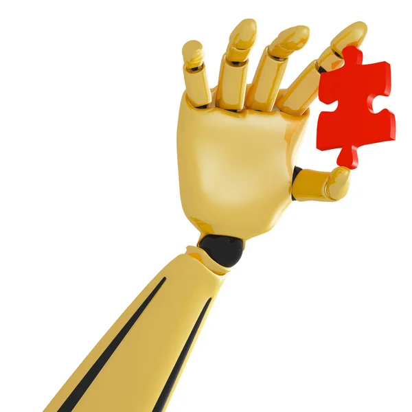 빨간 퍼즐 3d 황금 로봇 손 — 스톡 사진