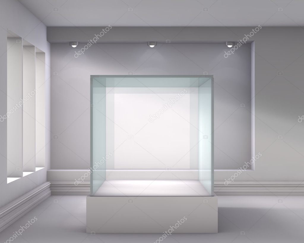 3d glass showcase and niche with spotlights for exhibit in the g