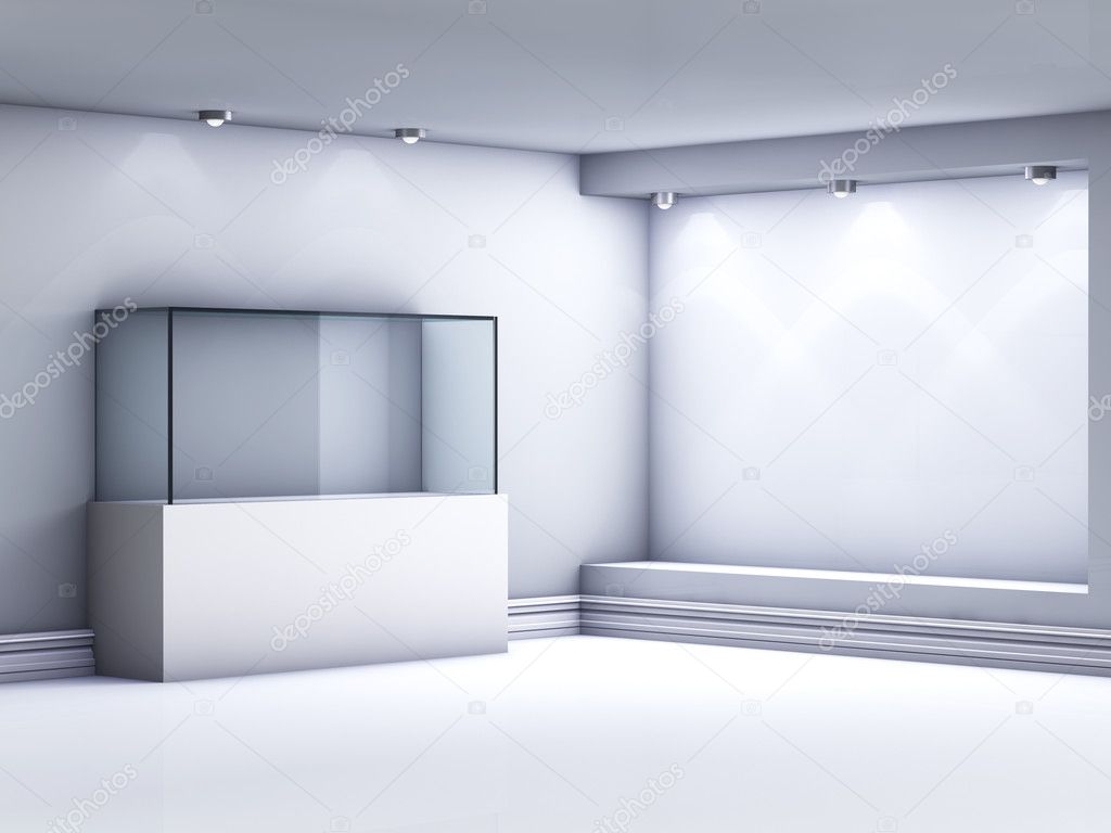 3d glass showcase and niche with spotlights for exhibit