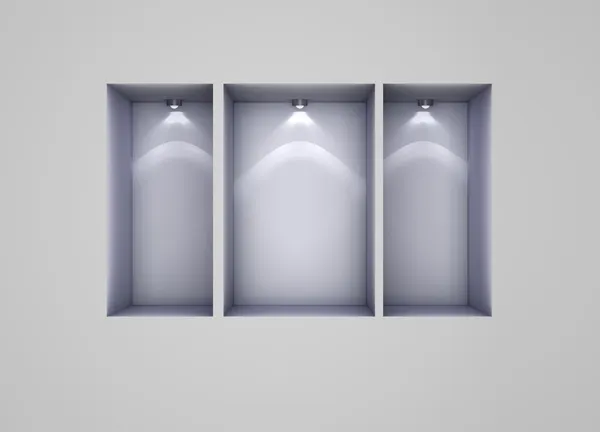 3d empty niches with spotlights for exhibit — Stock Photo, Image