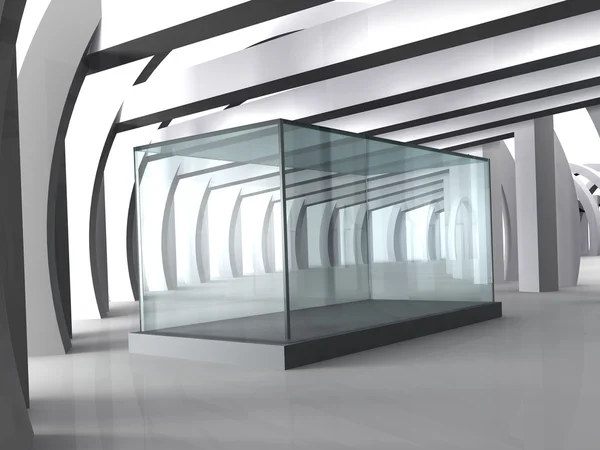 Tomma glas showcase i grått rum med kolumner — Stockfoto