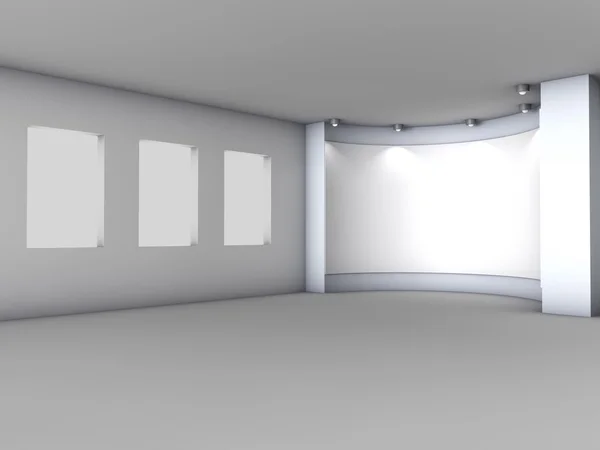 3D pusta nisza z pudełka i reflektory na wystawie w szary — Zdjęcie stockowe