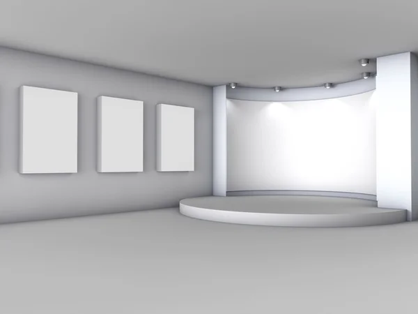 3D pusta nisza z pudełka i reflektory na wystawie w szary — Zdjęcie stockowe