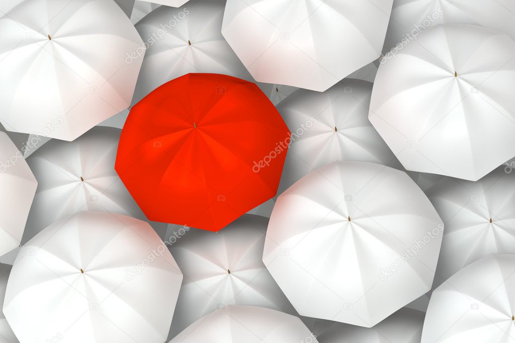 Unique red umbrella among another white umbrellas