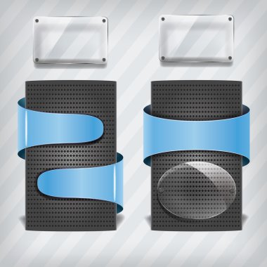 Metallic stands with blue labels and transparency frame on the s clipart