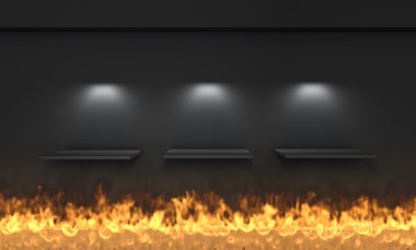 3d shelves and spotlights for exhibit with flame in the grey int clipart