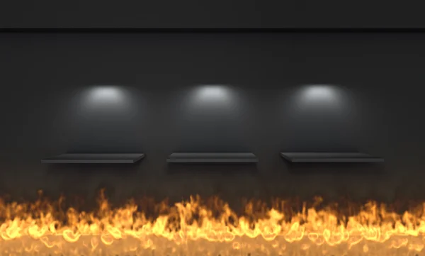 3D-schappen en schijnwerpers voor vertonen met vlam in de grijze int — Stockfoto