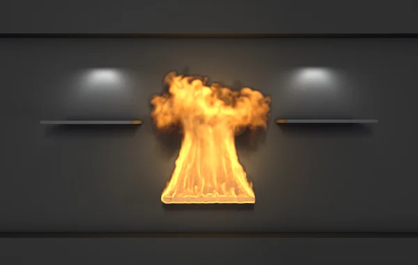 Prateleiras 3d e holofotes para exposição com chama na int cinza — Fotografia de Stock