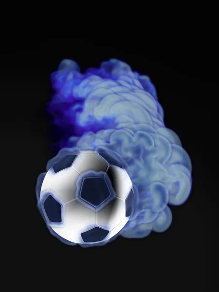 Літаючий футбольний м'яч у синьому полум'ї — стокове фото