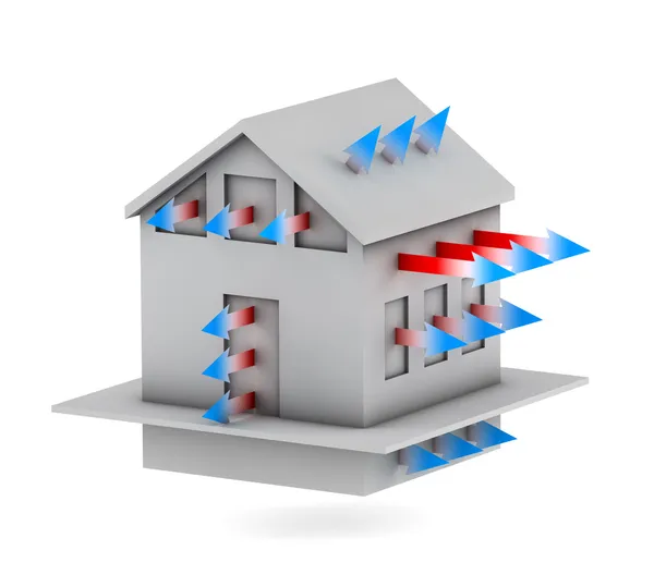 3D hus med pilar av värmeförluster — Stockfoto