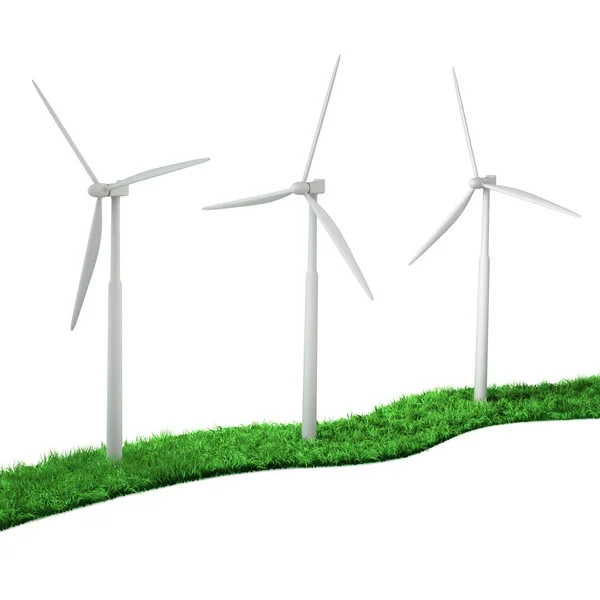 3D вітрові турбіни на зеленому шляху з трави — стокове фото