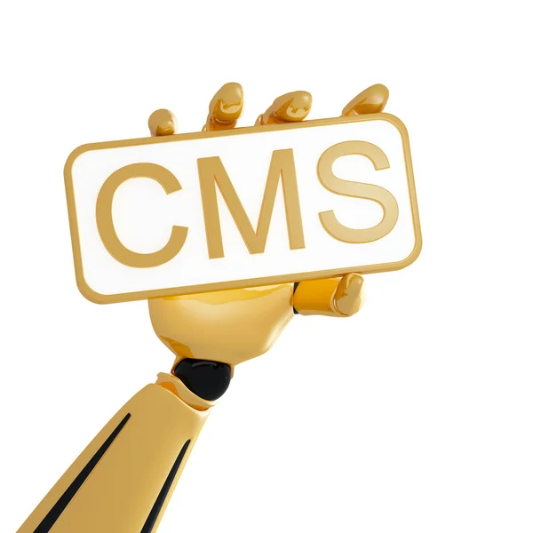 Golden robotic hand hold the plate with word CMS — Stock Photo, Image
