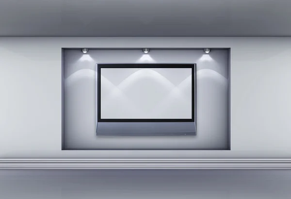 3D niszy z lcd tv i reflektory na wystawie w szary int — Zdjęcie stockowe