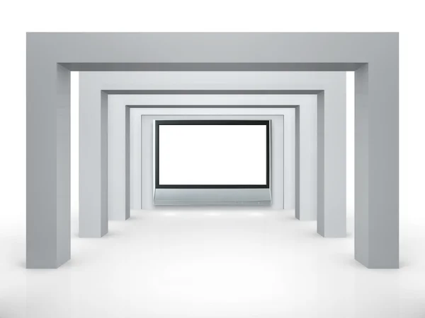 3d nicho vazio com holofotes e lcd tv para exposição no bri — Fotografia de Stock