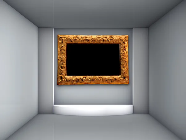3d Podium und kunstvoller Rahmen für Exponate im grauen Interieur — Stockfoto