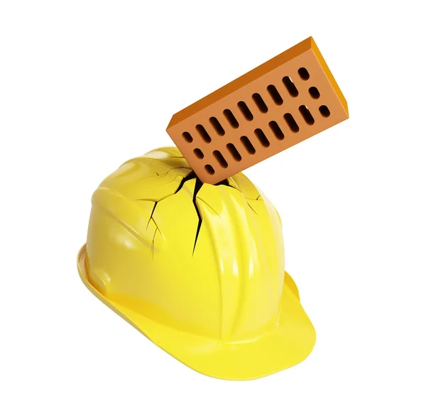 Brick crashed through a construction helmet — Stock Photo, Image