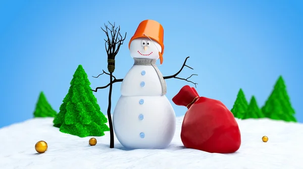 Sneeuwmannen rode zak fir tree — Stockfoto