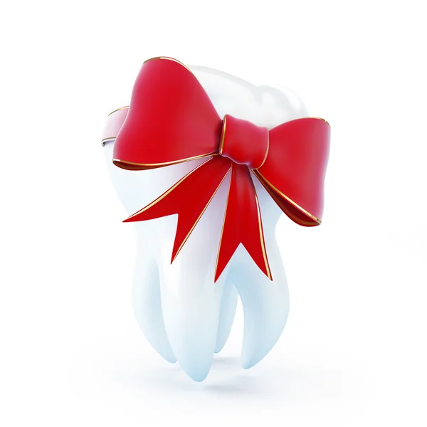 Ząb prezent czerwona kokarda — Zdjęcie stockowe