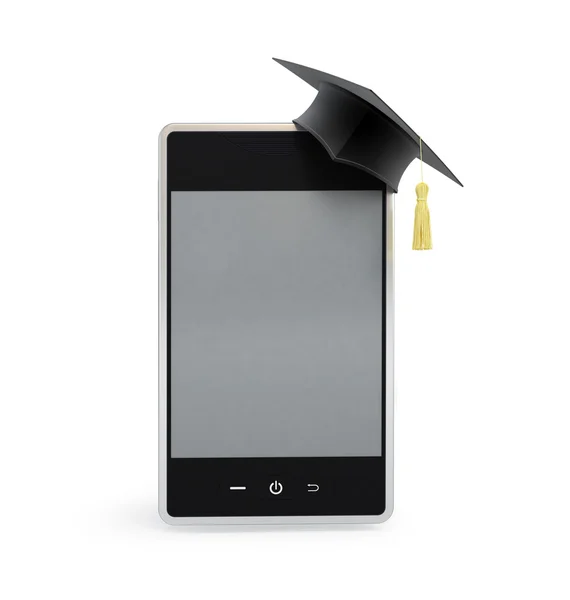Telefono touchscreen nel tappo di laurea — Foto Stock