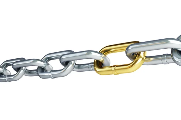 Cadeia cromada com um link de ouro no fundo branco — Fotografia de Stock
