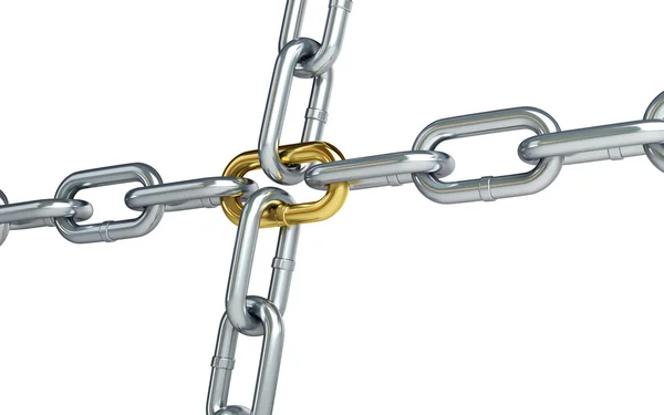 Chrome chain with a gold link on white background — Stock Photo, Image
