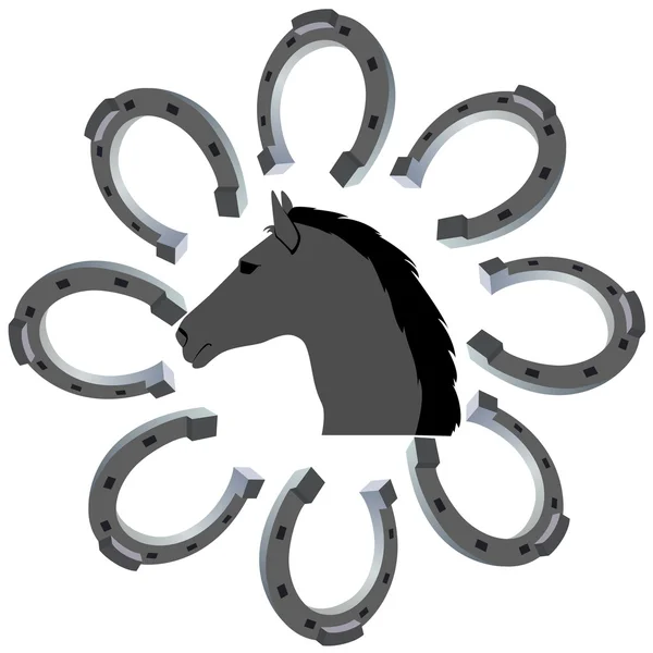 Der Kopf eines Pferdes und ein Hufeisen — Stockvektor