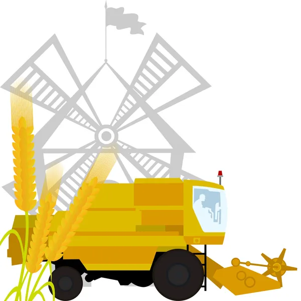 Spikes of wheat and combine harvester — Stock Vector