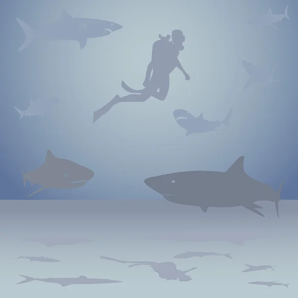 Diver among sharks — Stock Vector