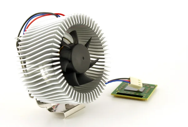 Processor and fan with radiator over white — Stock Photo, Image