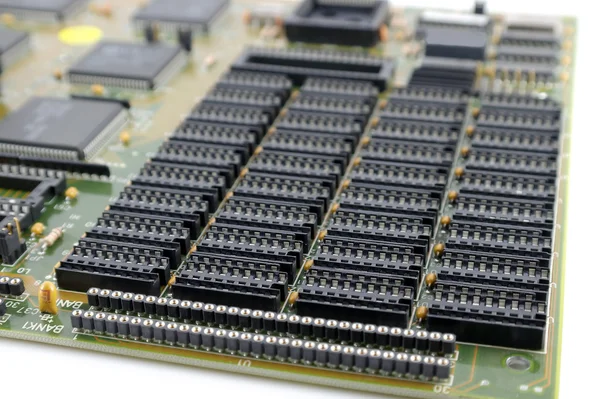 Old mainboard for PC with plug-and-sockets for memory — Stock Photo, Image