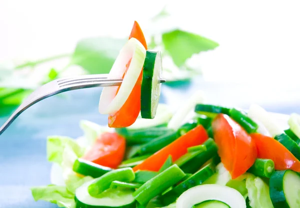 Čerstvý salát s rajčaty, fazol obecný a okurky — Stock fotografie