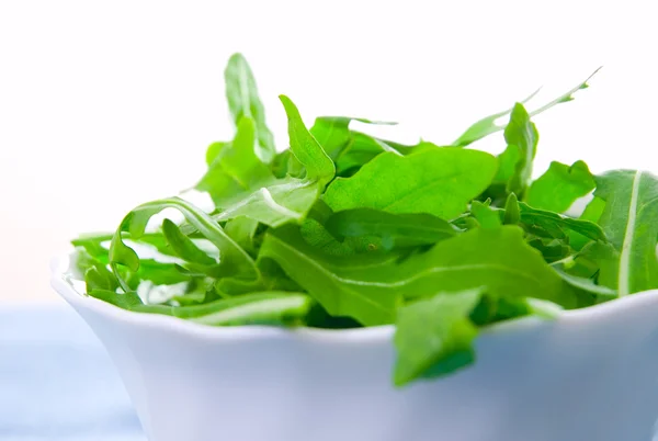 Groene rucola verse salade in witte kom — Stockfoto