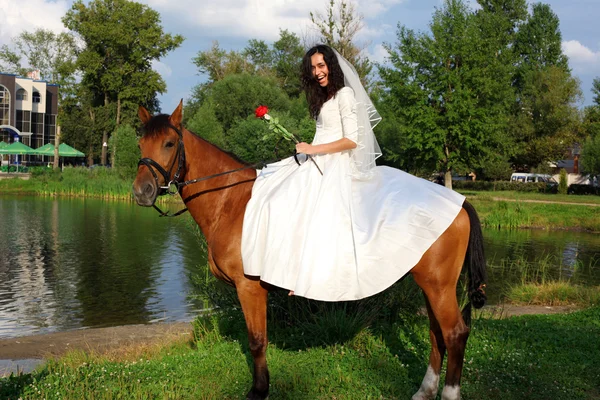 Novia a caballo en caballo marrón — Foto de Stock