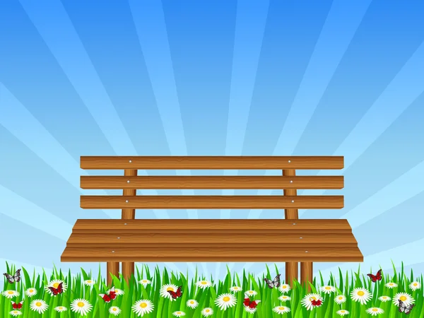 ヒナギク野と木製のベンチ — ストックベクタ